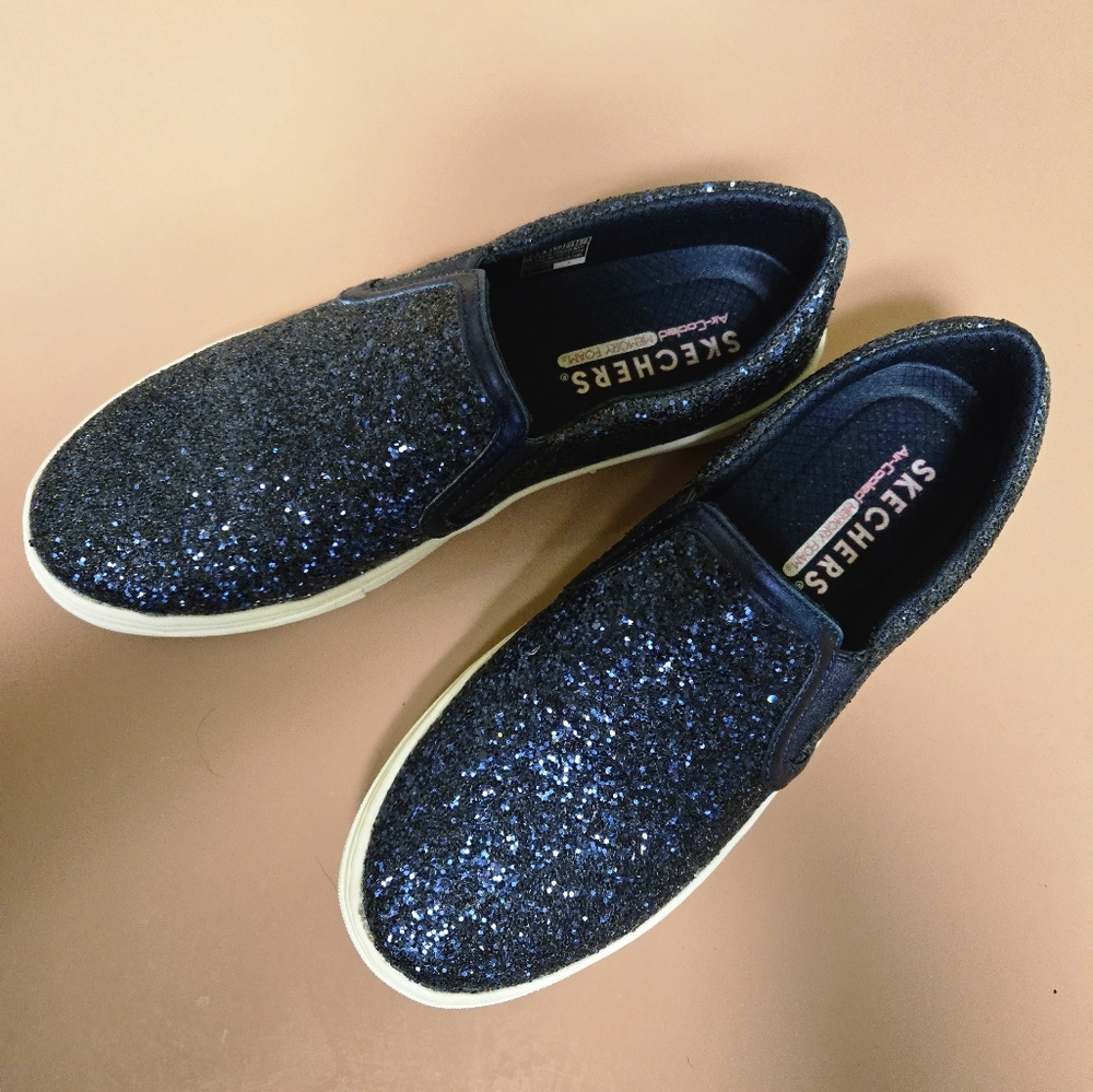 New! Skechers Air Cooled Memory Foam Navy Blue Glitter Slip On Shoes 7 - Picture 4 of 14